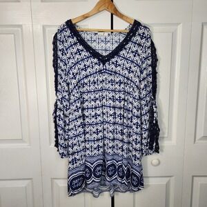 Roxy Blue White Geometric Crochet Trim Split Sleeve Boho Knee Length Dress M